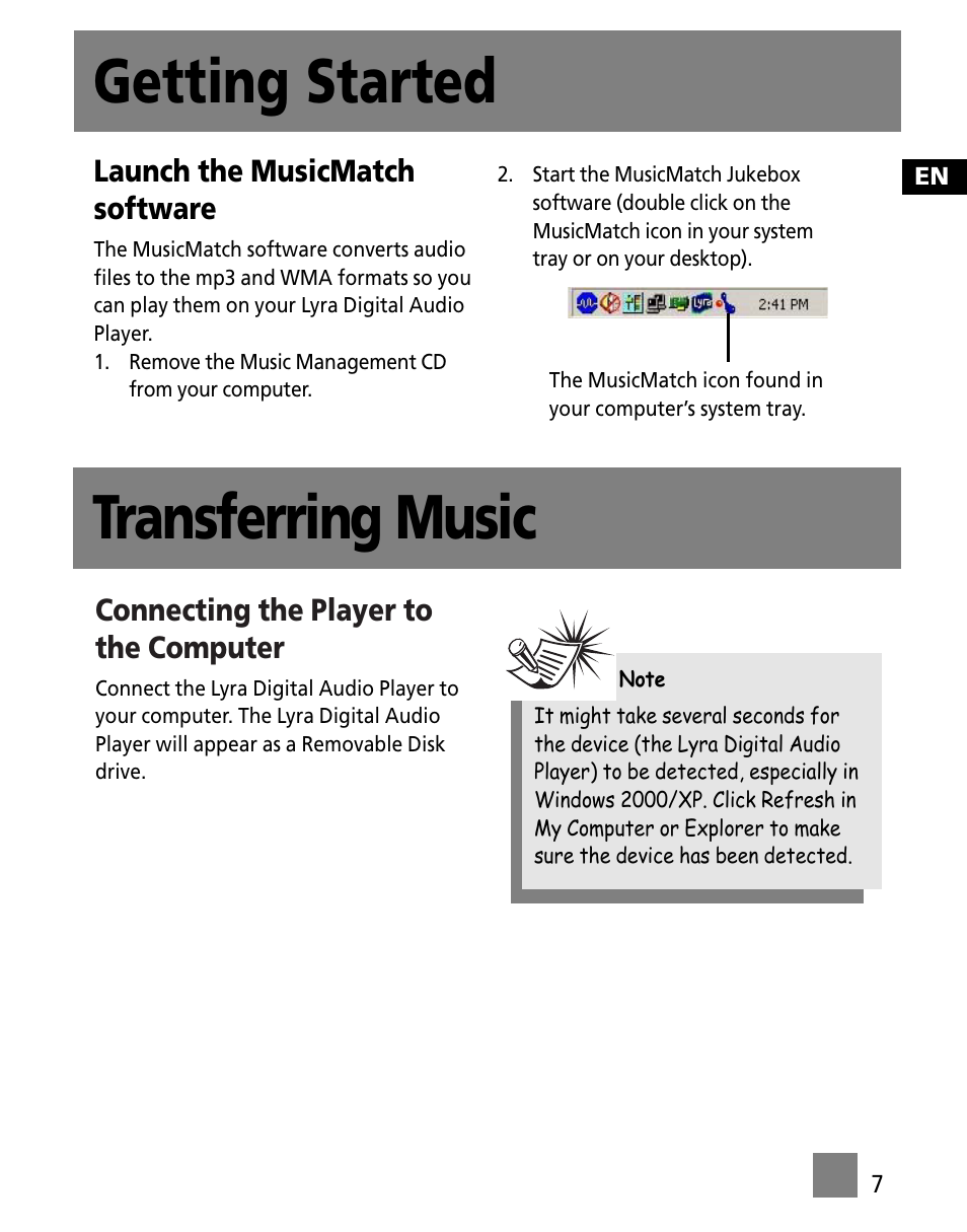 Launch the musicmatch software, Transferring music, Connecting the player to the computer | Getting started | Technicolor - Thomson M200EG1 User Manual | Page 40 / 46