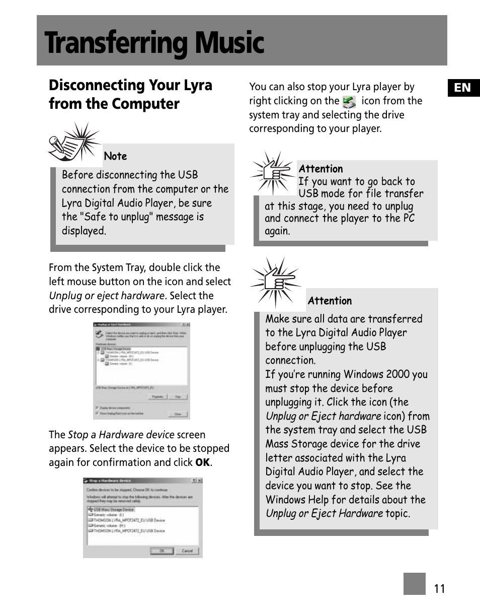 Disconnecting your lyra from the computer, Transferring music | Technicolor - Thomson M200EG1 User Manual | Page 44 / 46