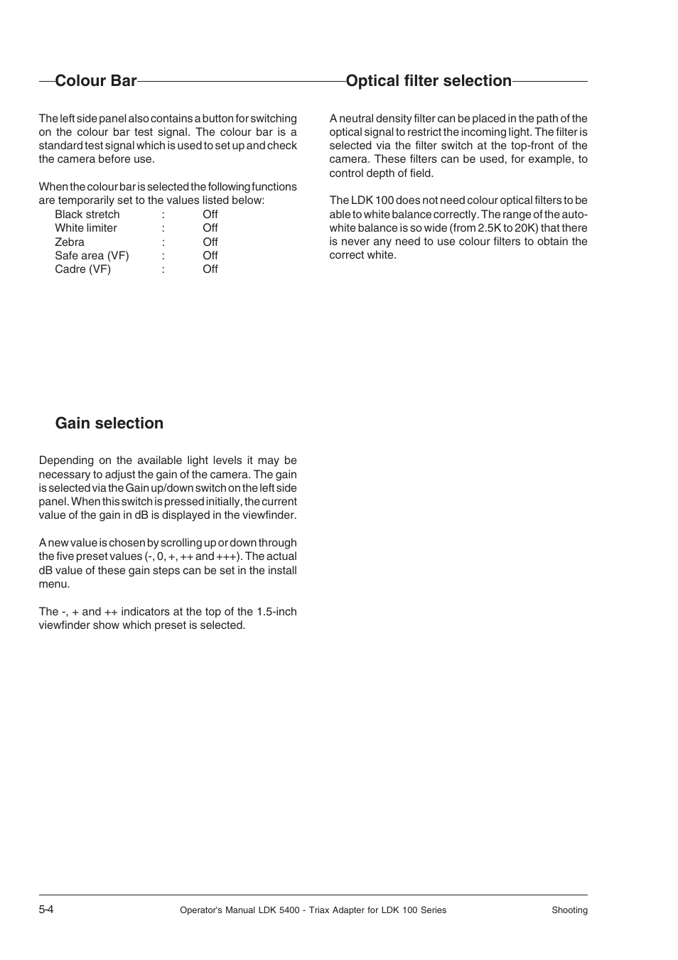 Colour bar, Gain selection, Optical filter selection | Technicolor - Thomson 5400LDK User Manual | Page 42 / 72