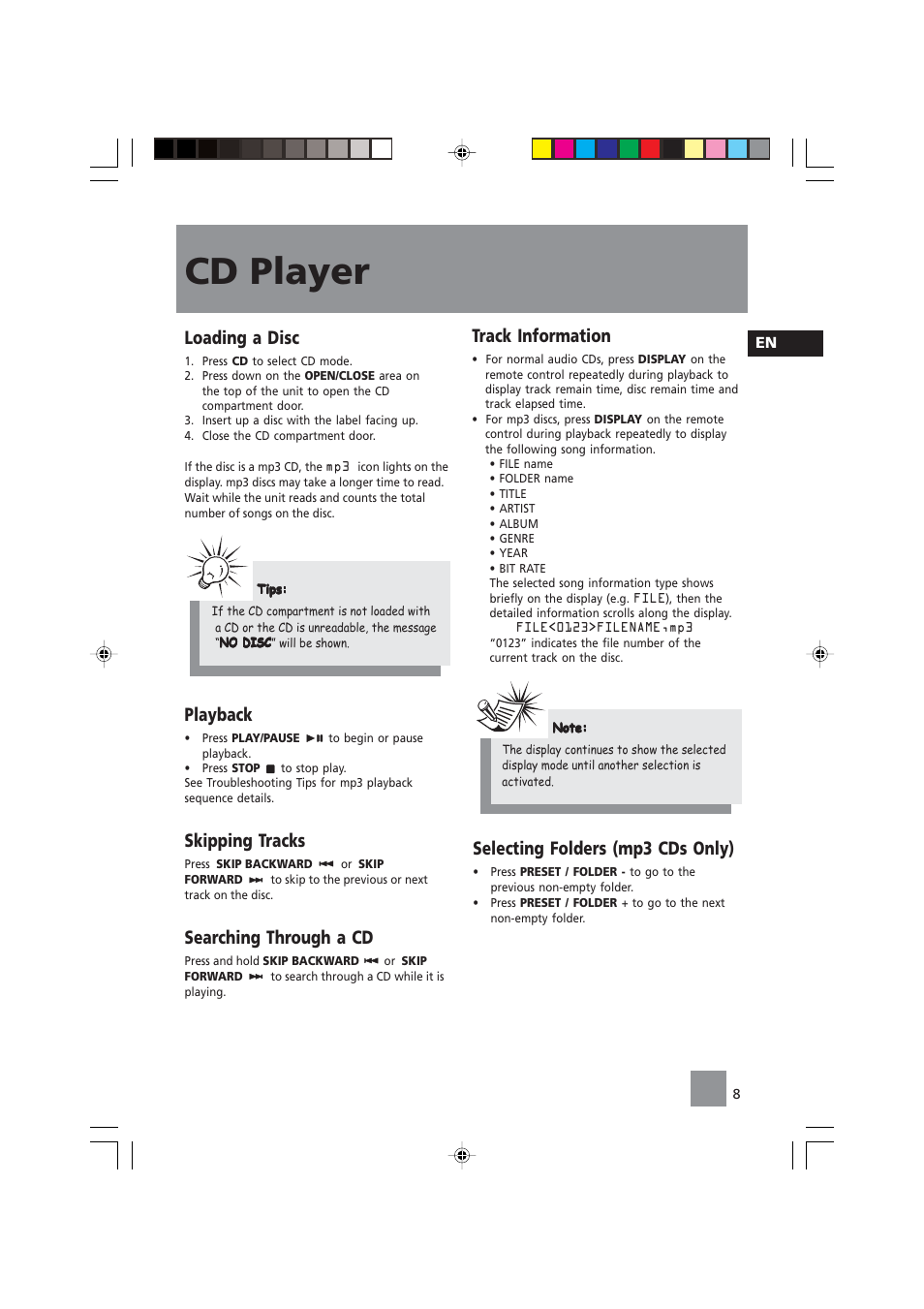 Cd player, Skipping tracks, Searching through a cd | Loading a disc, Playback, Selecting folders (mp3 cds only), Track information | Technicolor - Thomson CS140 User Manual | Page 10 / 18
