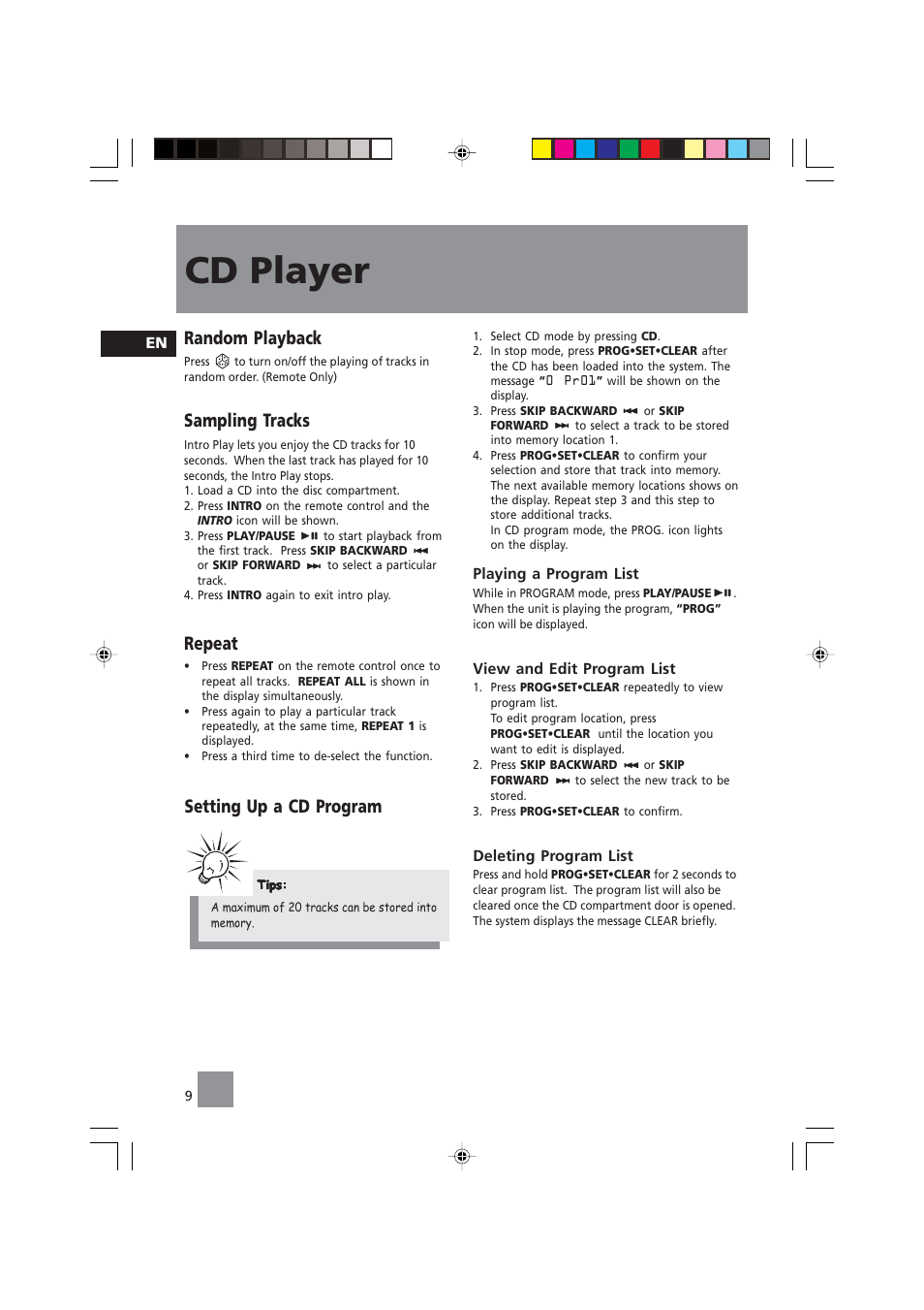 Cd player, Random playback, Sampling tracks | Repeat, Setting up a cd program | Technicolor - Thomson CS140 User Manual | Page 11 / 18