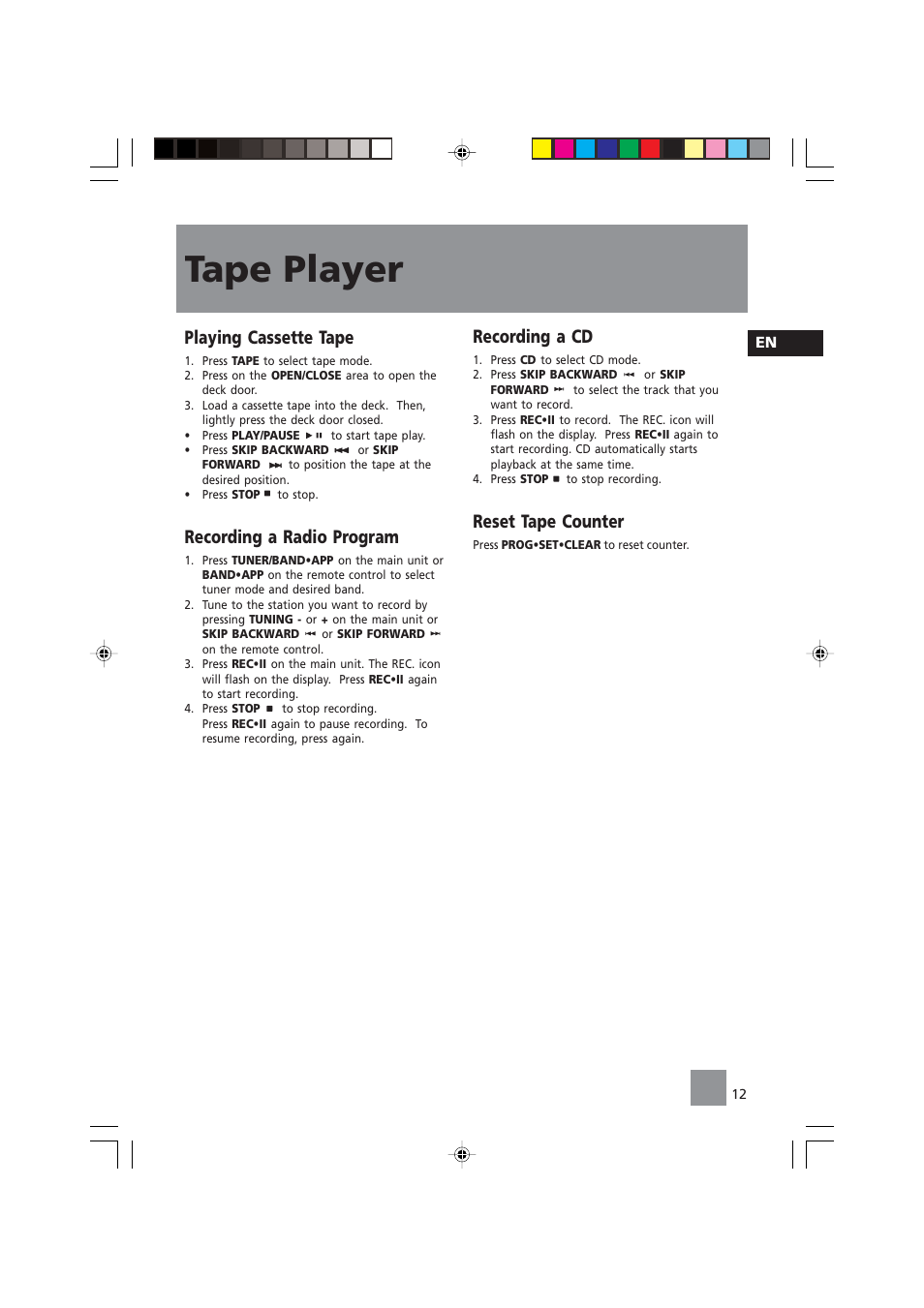 Tape player, Playing cassette tape, Recording a radio program | Recording a cd, Reset tape counter | Technicolor - Thomson CS140 User Manual | Page 14 / 18