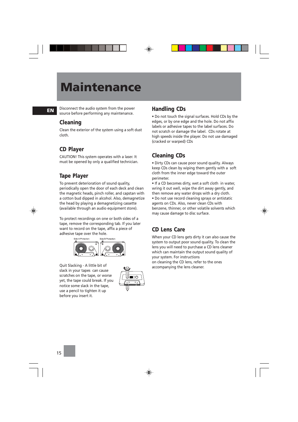 Maintenance, Cleaning, Cd player | Tape player, Handling cds, Cleaning cds, Cd lens care | Technicolor - Thomson CS140 User Manual | Page 17 / 18