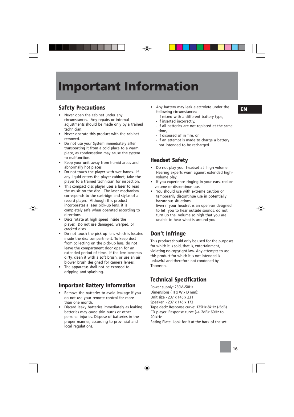 Important information, Safety precautions, Important battery information | Headset safety, Don’t infringe, Technical specification | Technicolor - Thomson CS140 User Manual | Page 18 / 18