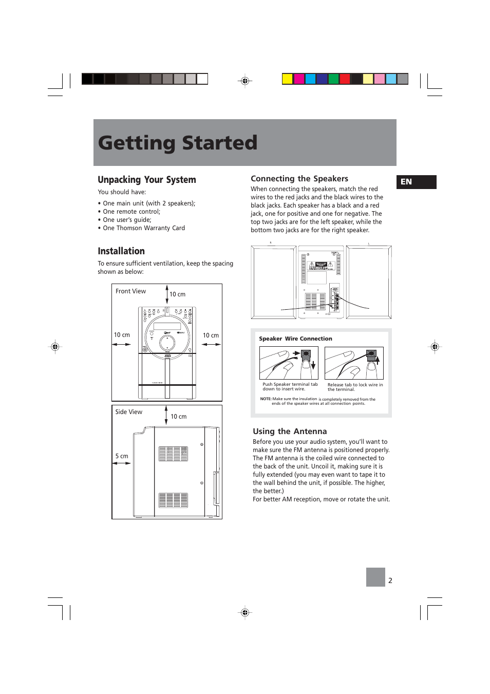 Getting started, Unpacking your system, Installation | Connecting the speakers, Using the antenna | Technicolor - Thomson CS140 User Manual | Page 4 / 18