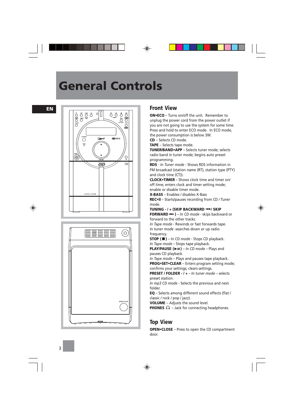 General controls, Front view, Top view | Technicolor - Thomson CS140 User Manual | Page 5 / 18