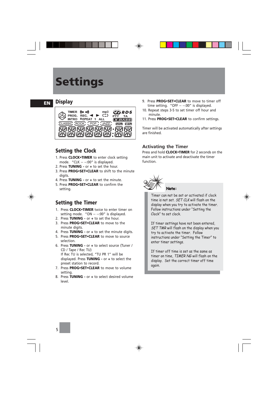 Settings, Display setting the clock, Setting the timer | Technicolor - Thomson CS140 User Manual | Page 7 / 18
