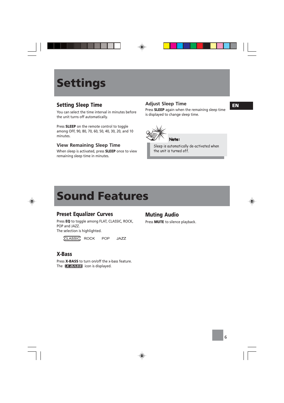 Settings, Sound features, Preset equalizer curves | X-bass, Muting audio, Setting sleep time | Technicolor - Thomson CS140 User Manual | Page 8 / 18