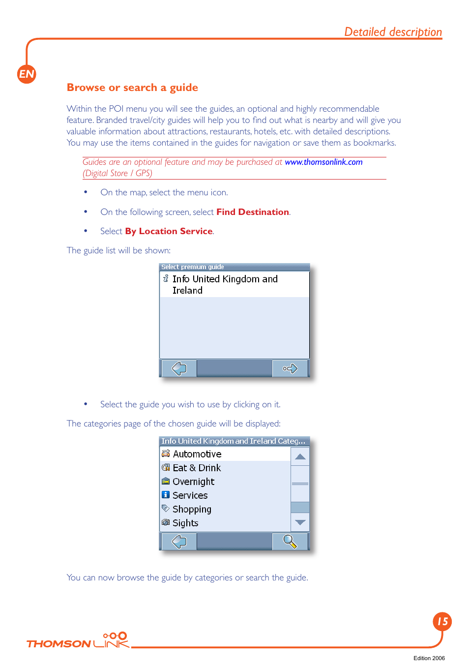 Browse or search a guide, Detailed description | Technicolor - Thomson GPS 420 User Manual | Page 16 / 109