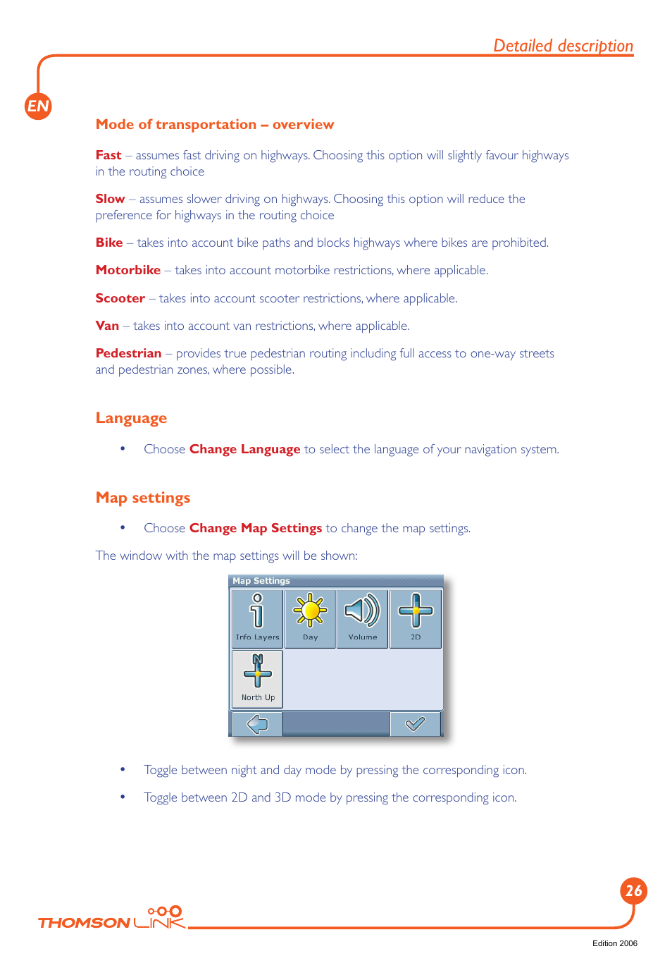 Language, Map settings, Language map settings | Detailed description | Technicolor - Thomson GPS 420 User Manual | Page 27 / 109