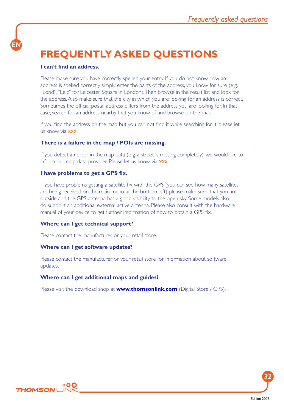 Frequently asked questions | Technicolor - Thomson GPS 420 User Manual | Page 33 / 109