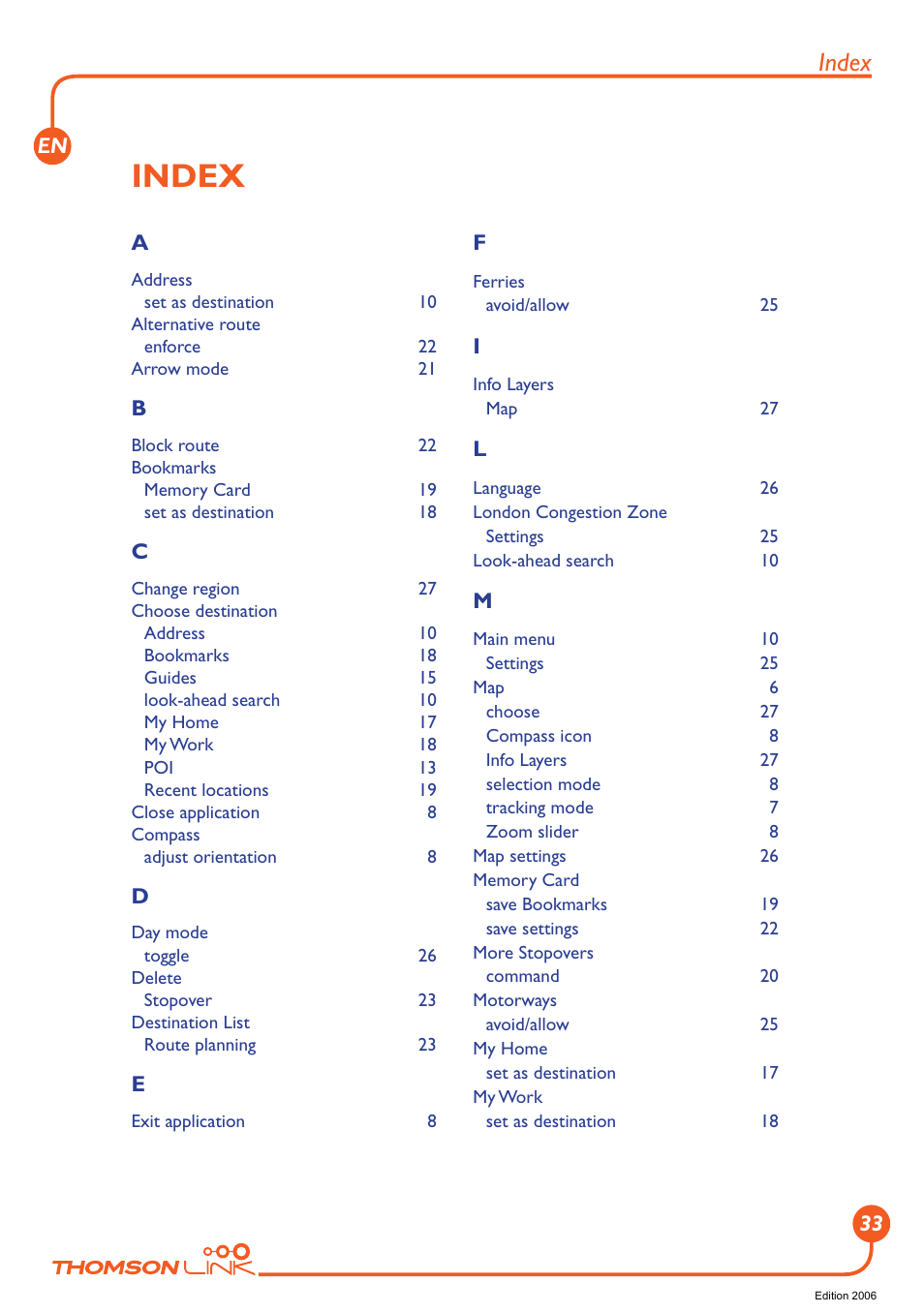 Index | Technicolor - Thomson GPS 420 User Manual | Page 34 / 109