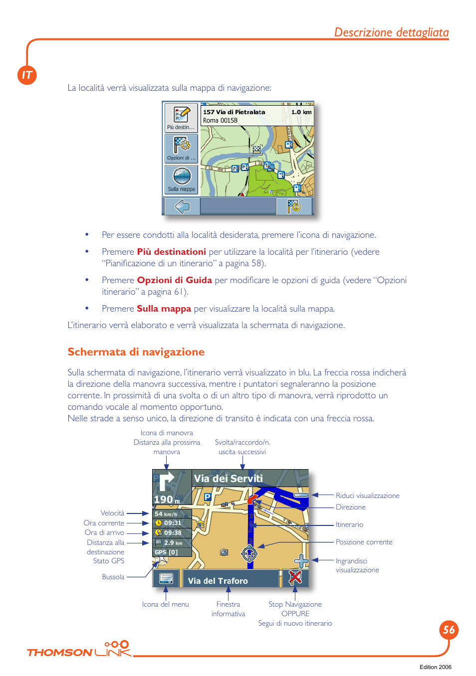 Schermata di navigazione, Descrizione dettagliata, It 56 | Technicolor - Thomson GPS 420 User Manual | Page 57 / 109