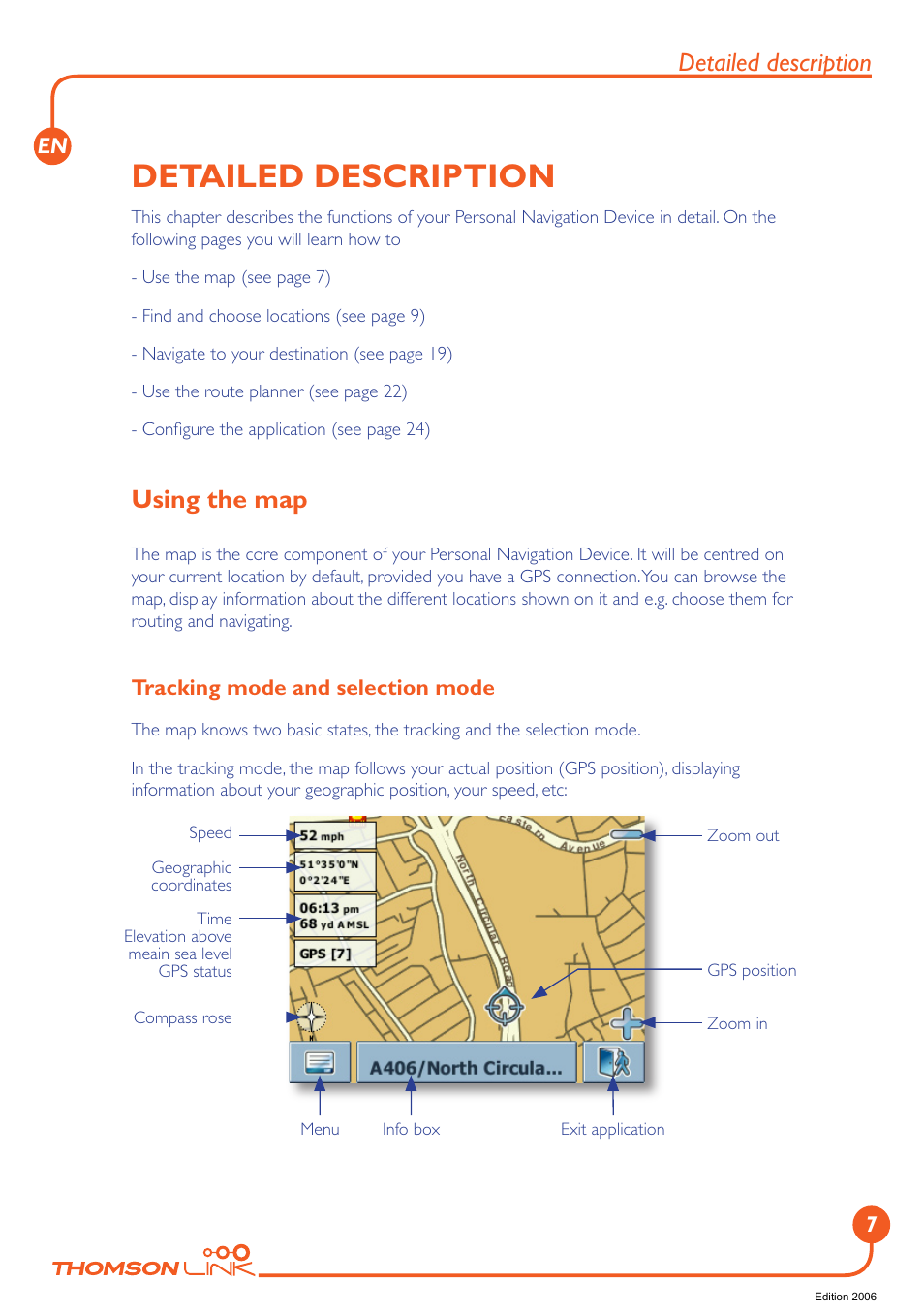 Detailed description, Using the map, Tracking mode and selection mode | Technicolor - Thomson GPS 420 User Manual | Page 8 / 109