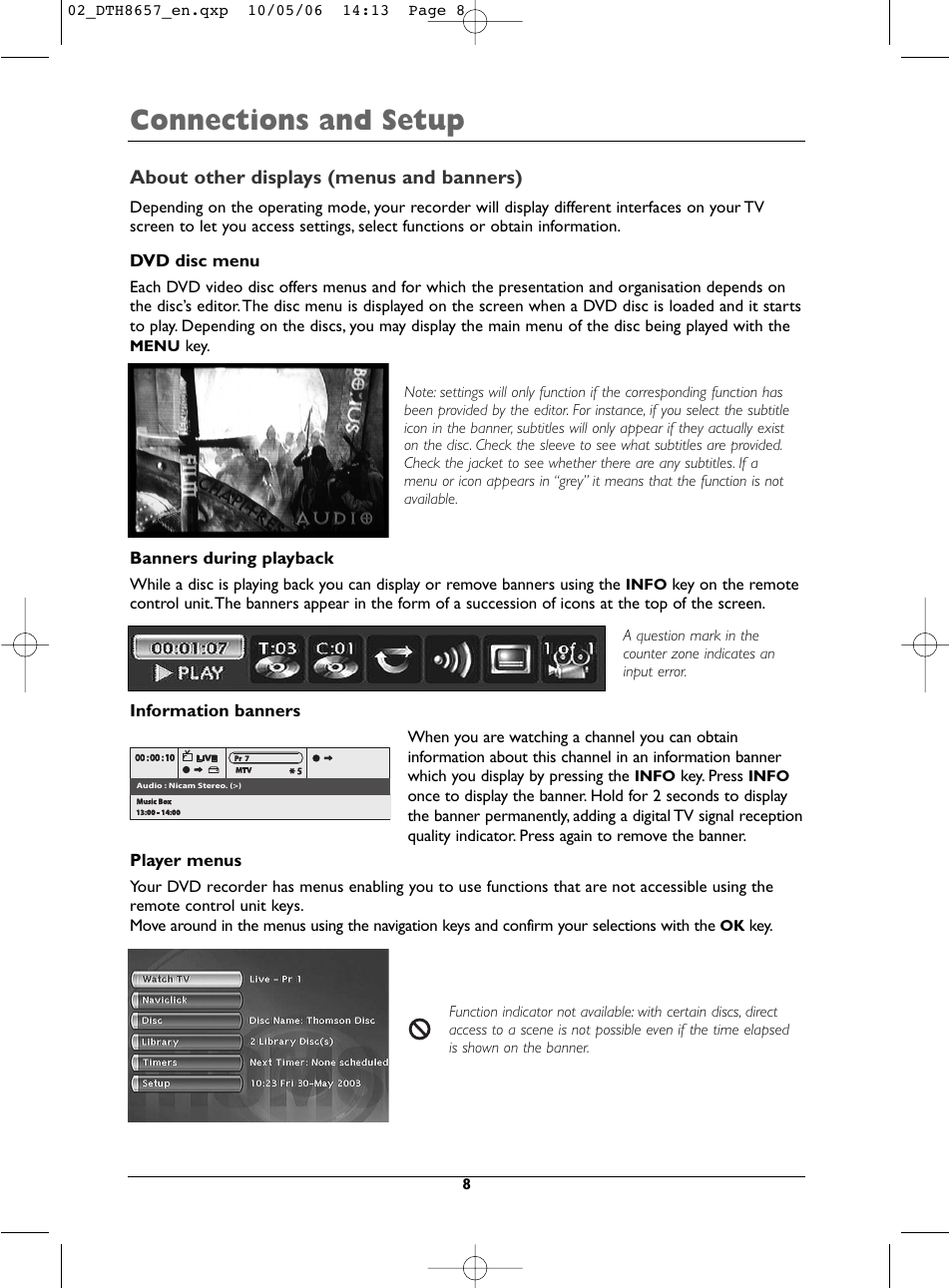 Connections and setup, About other displays (menus and banners) | Technicolor - Thomson DTH8657E User Manual | Page 10 / 49