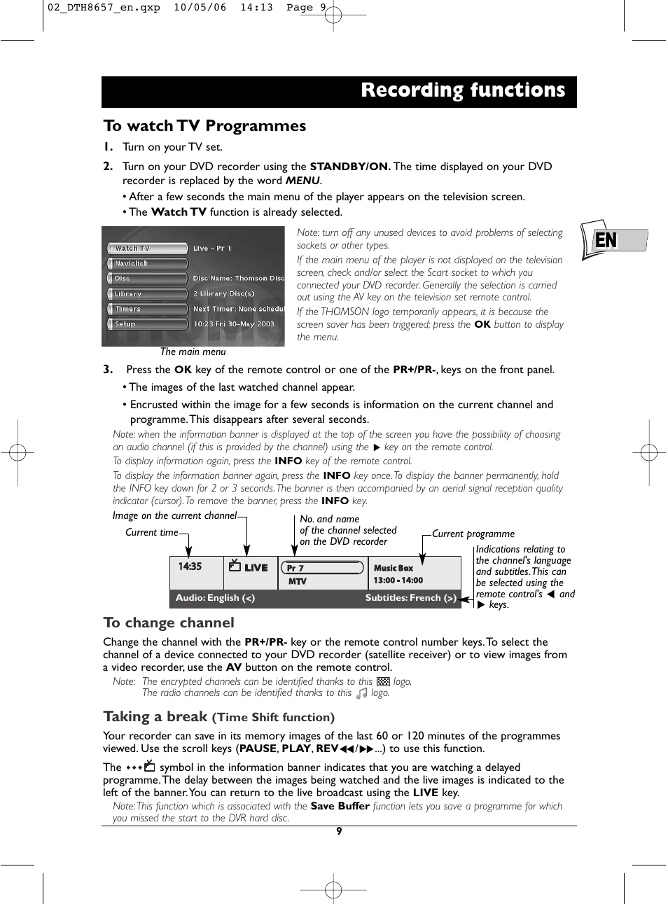 En recording functions, Taking a break | Technicolor - Thomson DTH8657E User Manual | Page 11 / 49