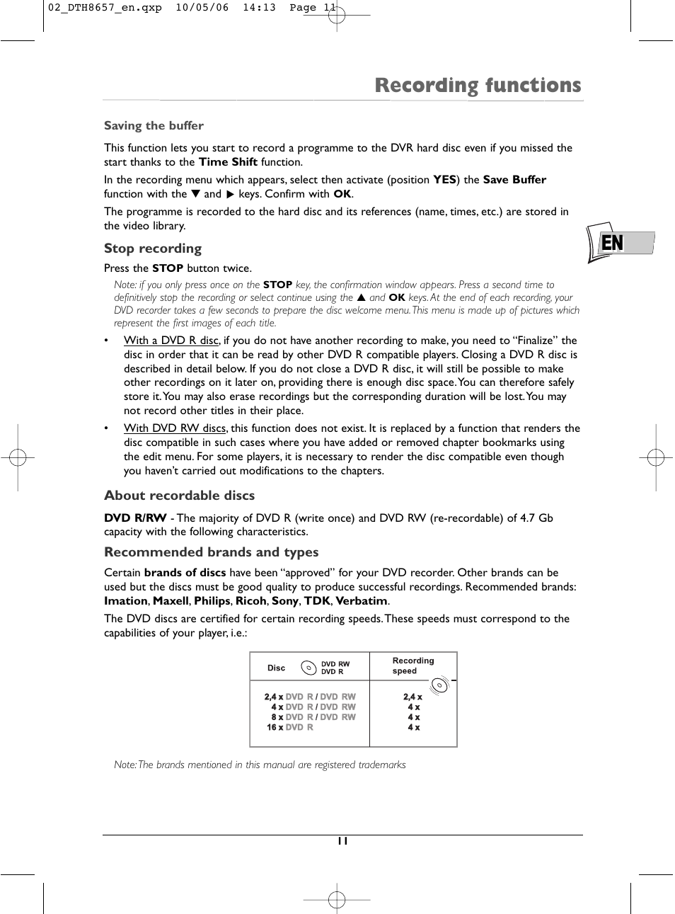 En recording functions | Technicolor - Thomson DTH8657E User Manual | Page 13 / 49