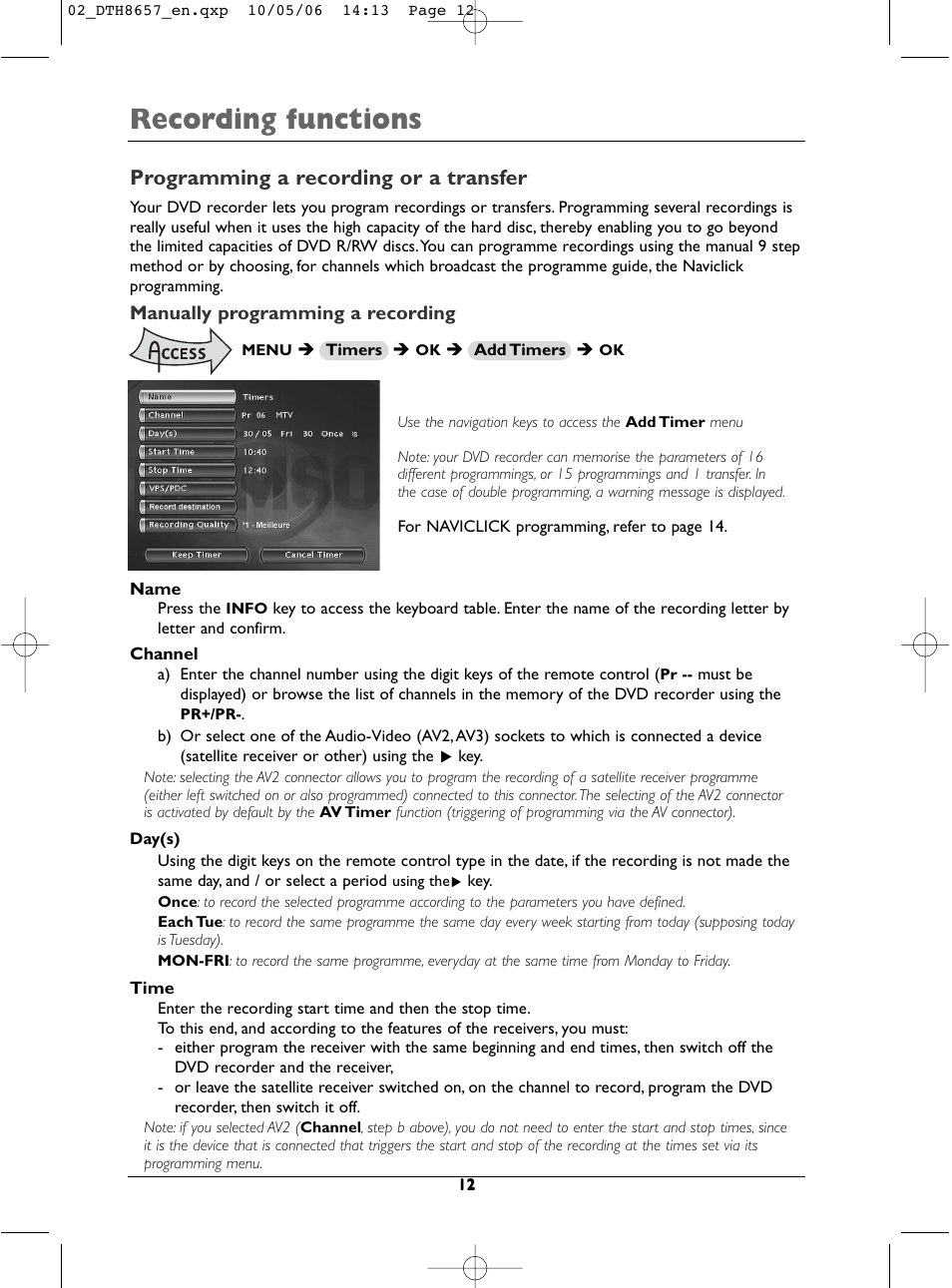 Recording functions, Programming a recording or a transfer | Technicolor - Thomson DTH8657E User Manual | Page 14 / 49