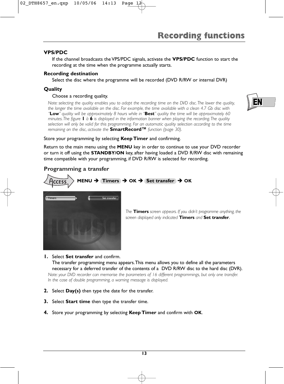 En recording functions | Technicolor - Thomson DTH8657E User Manual | Page 15 / 49