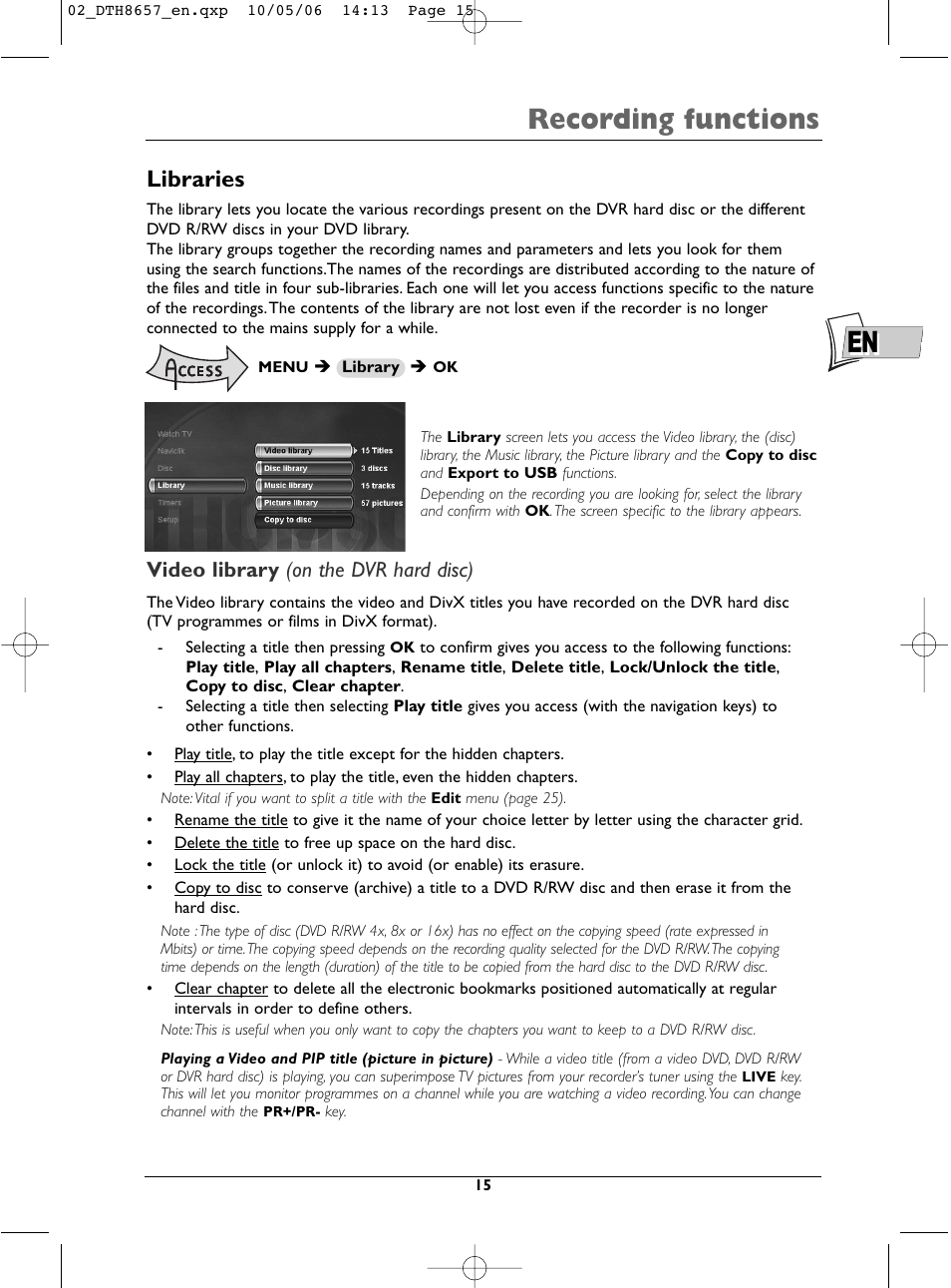 En recording functions, Libraries, Video library (on the dvr hard disc) | Technicolor - Thomson DTH8657E User Manual | Page 17 / 49