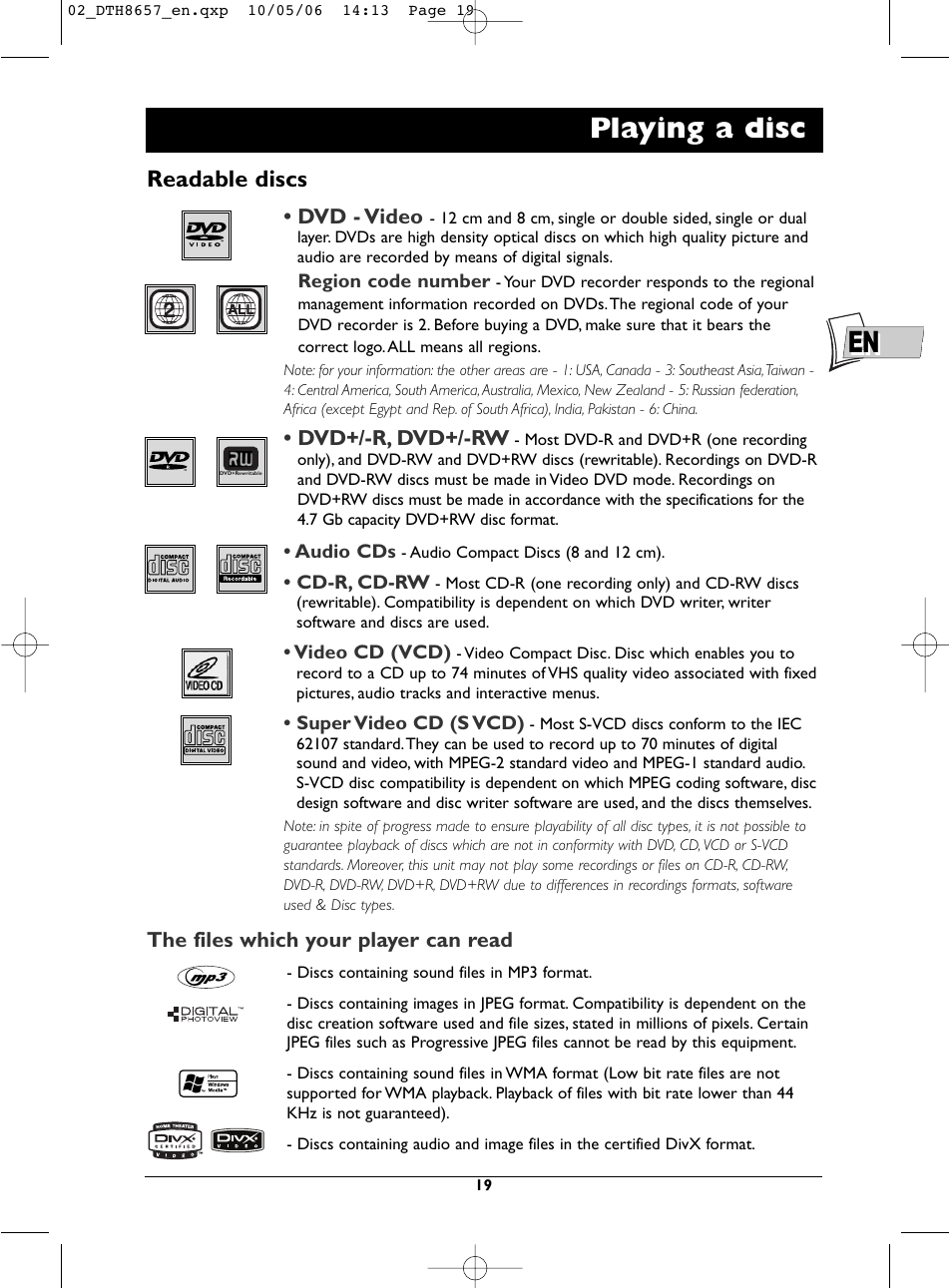 En playing a disc, Readable discs | Technicolor - Thomson DTH8657E User Manual | Page 21 / 49