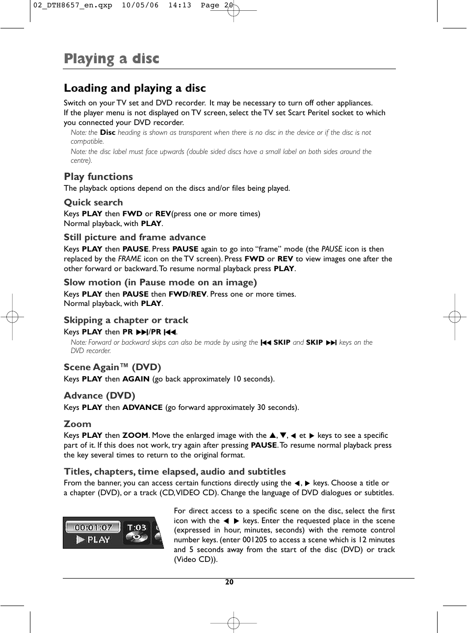 Playing a disc, Loading and playing a disc, Play functions | Technicolor - Thomson DTH8657E User Manual | Page 22 / 49