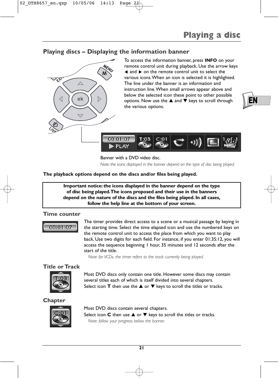 En playing a disc, Playing discs – displaying the information banner | Technicolor - Thomson DTH8657E User Manual | Page 23 / 49