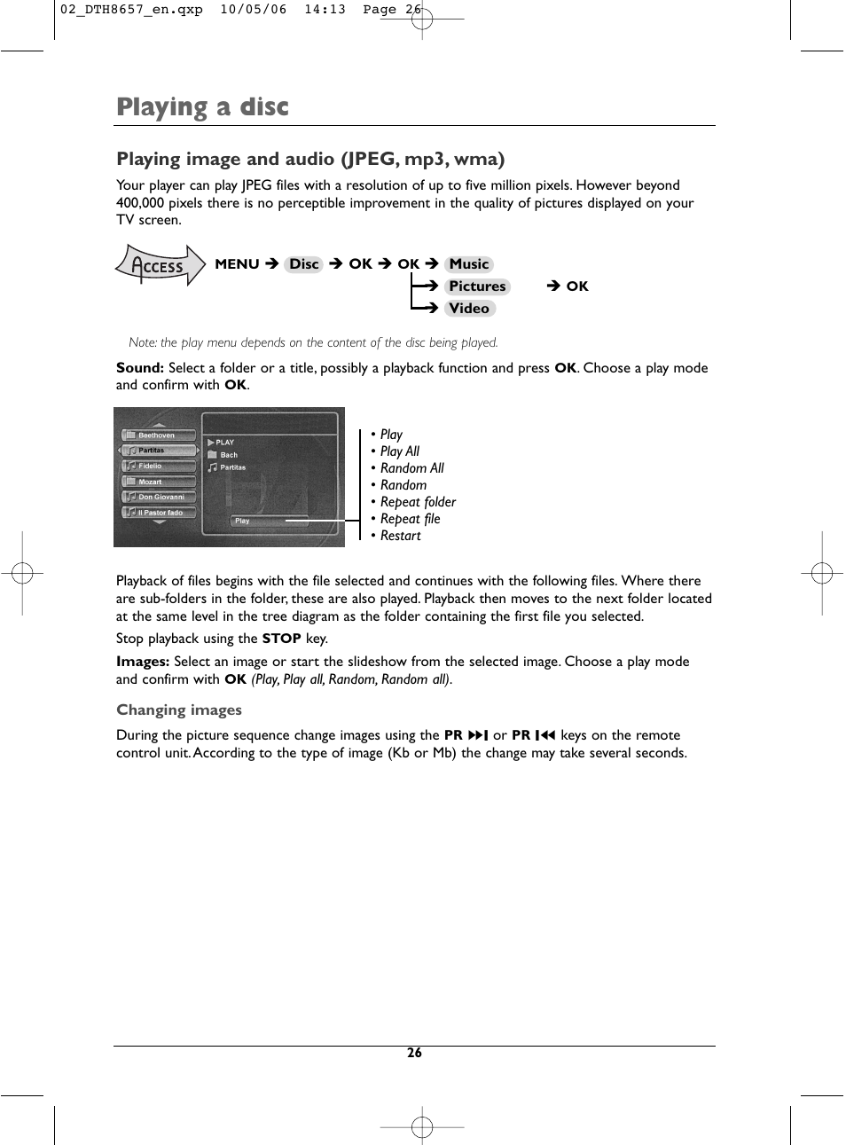 Playing a disc, Playing image and audio (jpeg, mp3, wma) | Technicolor - Thomson DTH8657E User Manual | Page 28 / 49