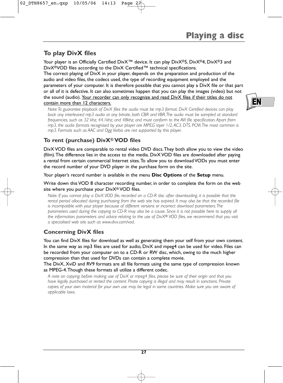 En playing a disc | Technicolor - Thomson DTH8657E User Manual | Page 29 / 49