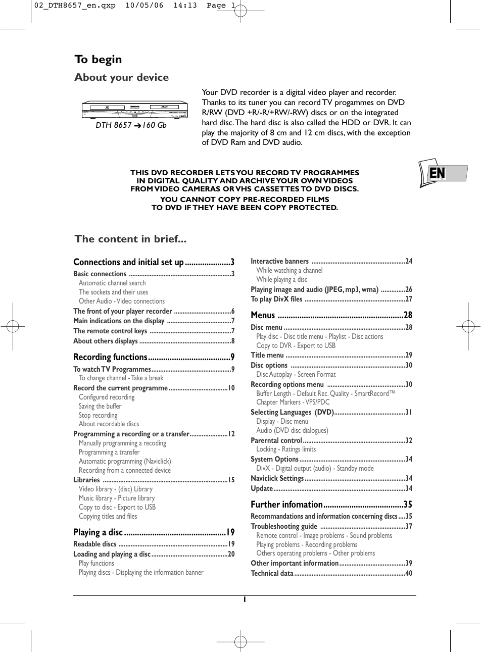 The content in brief, About your device | Technicolor - Thomson DTH8657E User Manual | Page 3 / 49