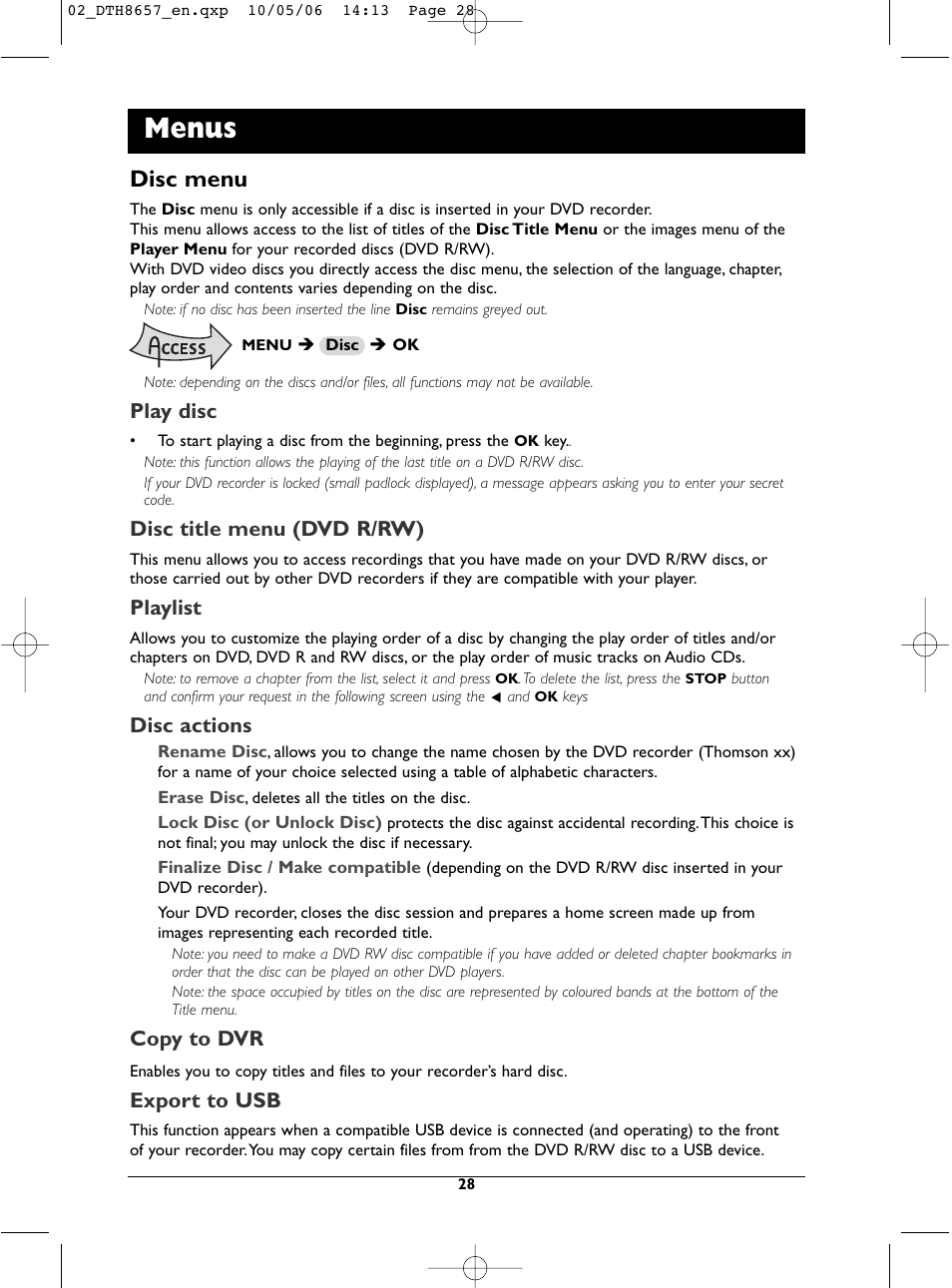 Menus, Disc menu, Play disc | Disc title menu (dvd r/rw), Playlist, Disc actions, Copy to dvr, Export to usb | Technicolor - Thomson DTH8657E User Manual | Page 30 / 49