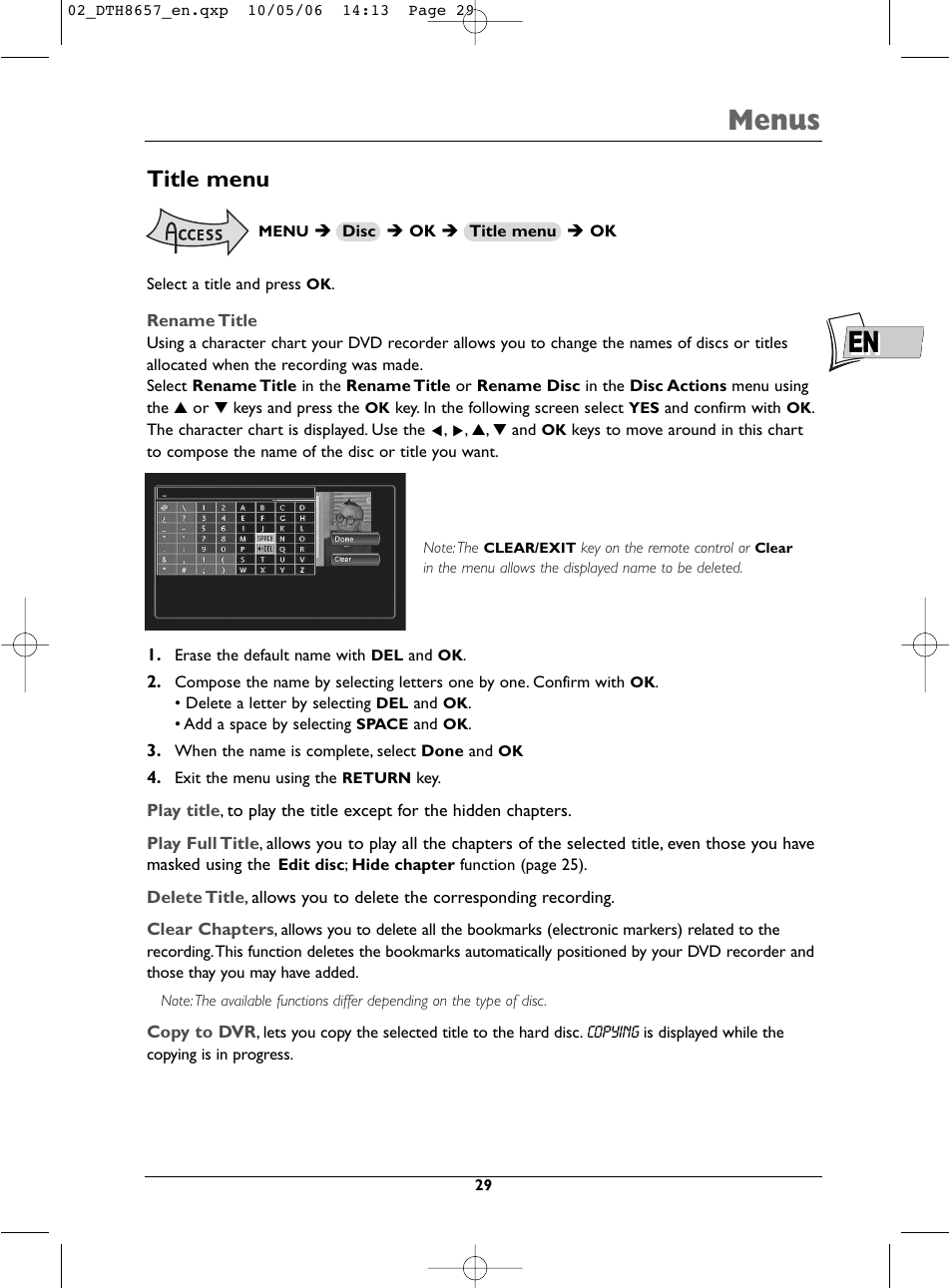 En menus, Title menu | Technicolor - Thomson DTH8657E User Manual | Page 31 / 49