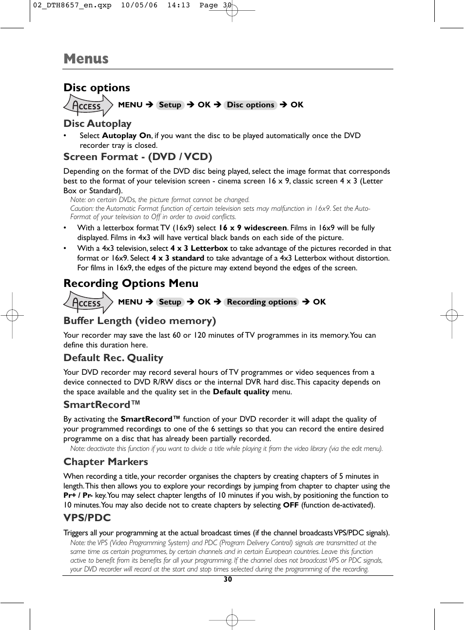 Menus, Disc options, Recording options menu | Disc autoplay, Screen format - (dvd / vcd), Default rec. quality, Smartrecord, Chapter markers, Vps/pdc | Technicolor - Thomson DTH8657E User Manual | Page 32 / 49