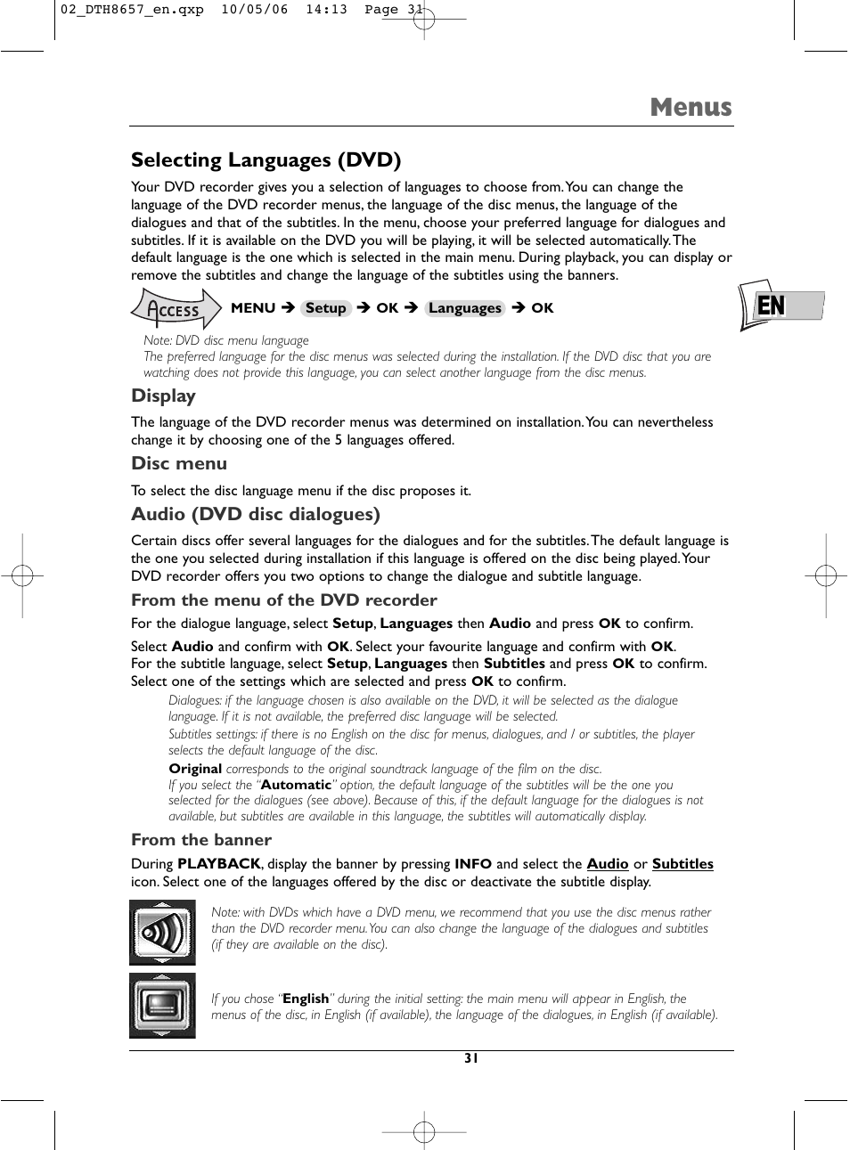 En menus, Selecting languages (dvd), Display | Disc menu, Audio (dvd disc dialogues) | Technicolor - Thomson DTH8657E User Manual | Page 33 / 49