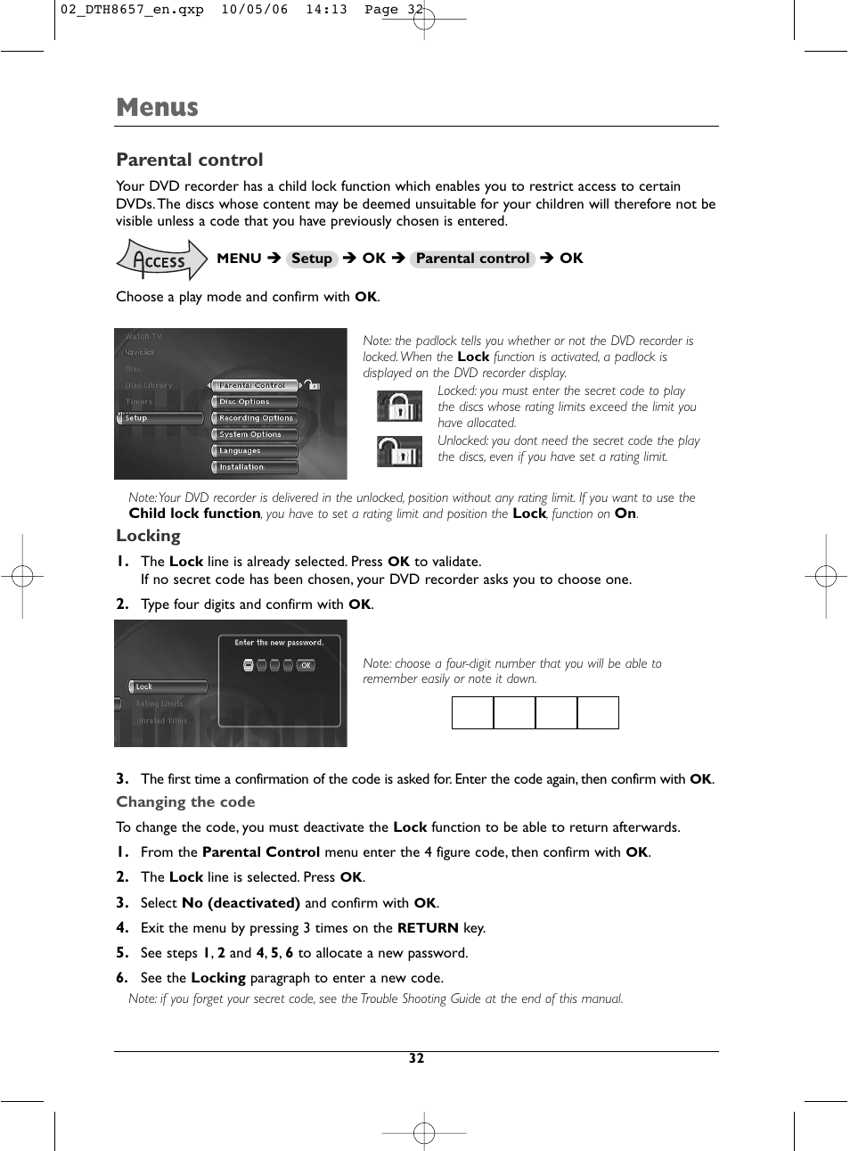 Menus, Parental control | Technicolor - Thomson DTH8657E User Manual | Page 34 / 49