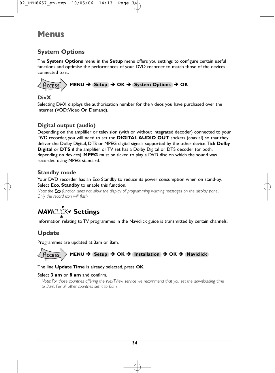 Menus, Settings, System options | Update | Technicolor - Thomson DTH8657E User Manual | Page 36 / 49