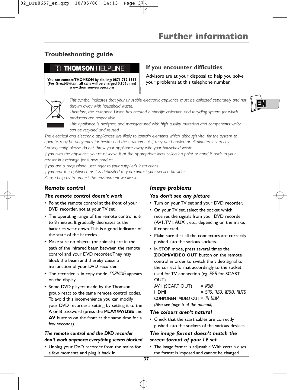 En further information, Troubleshooting guide | Technicolor - Thomson DTH8657E User Manual | Page 39 / 49