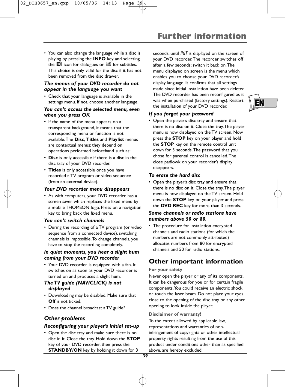 En further information, Other important information | Technicolor - Thomson DTH8657E User Manual | Page 41 / 49