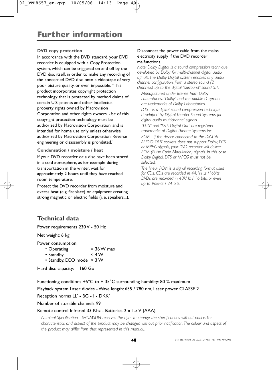 Further information, Technical data | Technicolor - Thomson DTH8657E User Manual | Page 42 / 49