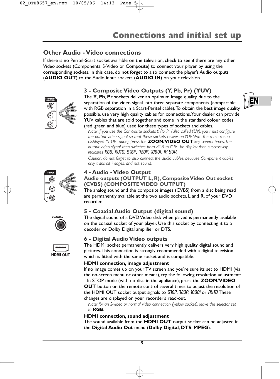 En connections and initial set up, Other audio - video connections, 3 - composite video outputs (y, pb, pr) (yuv) | 4 - audio - video output, 5 - coaxial audio output (digital sound), 6 - digital audio video outputs | Technicolor - Thomson DTH8657E User Manual | Page 7 / 49