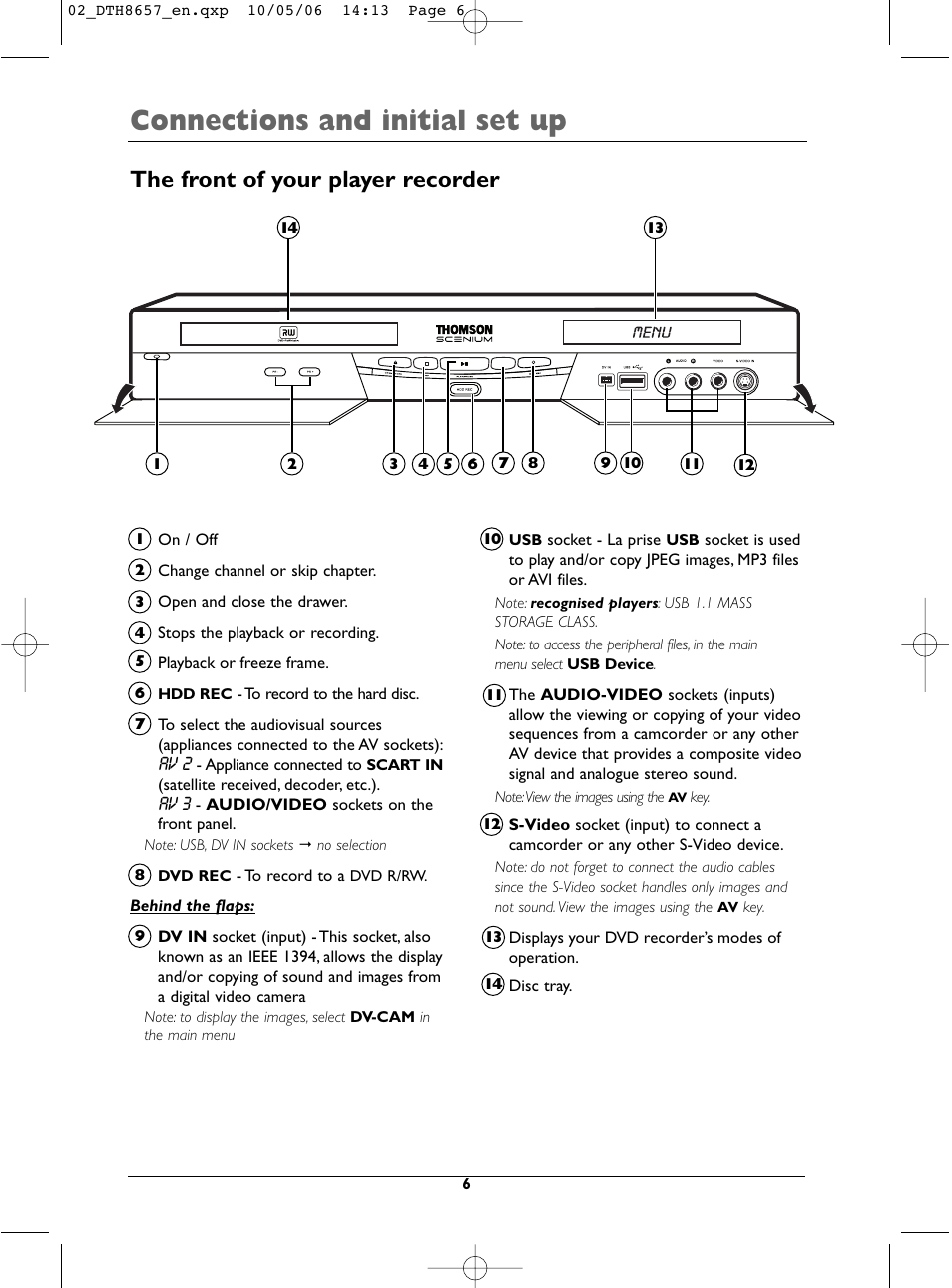 Connections and initial set up, The front of your player recorder | Technicolor - Thomson DTH8657E User Manual | Page 8 / 49