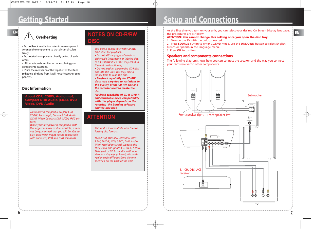 Getting started setup and connections, Attention | Technicolor - Thomson CS1200VD User Manual | Page 3 / 7