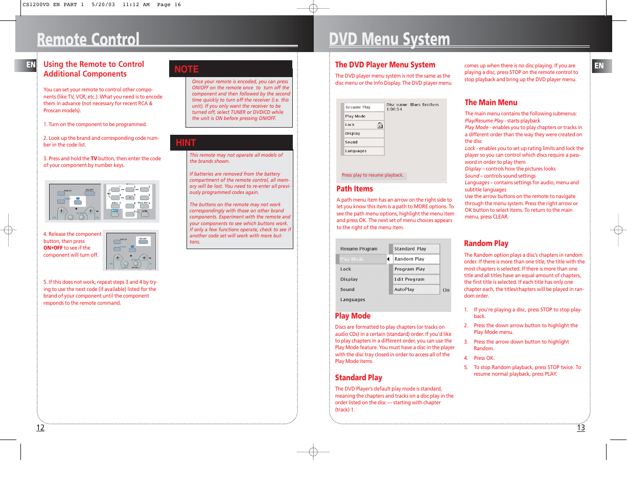 Remote control, Dvd menu system, Hint | Technicolor - Thomson CS1200VD User Manual | Page 6 / 7