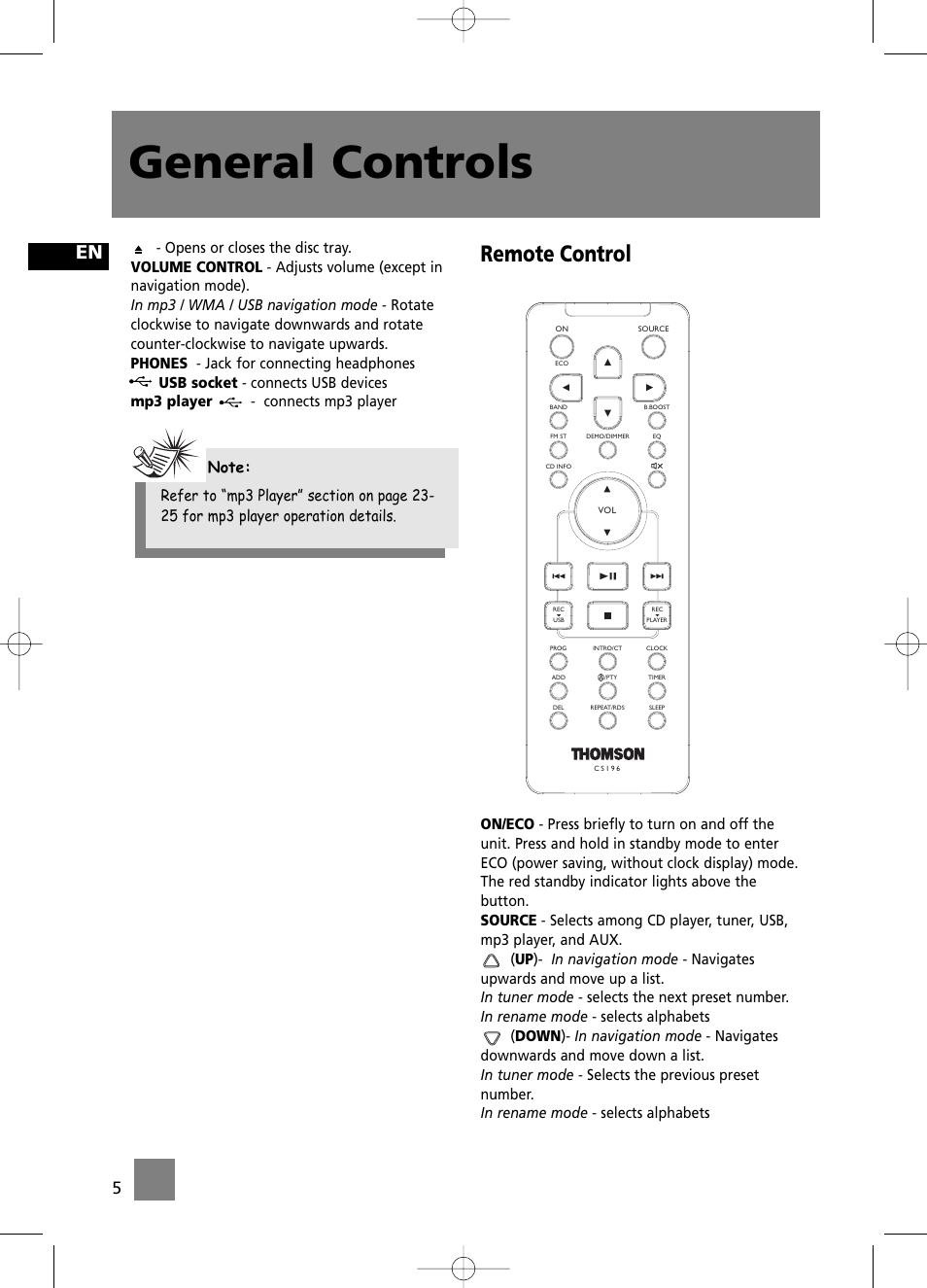 General controls, Remote control | Technicolor - Thomson CS196 User Manual | Page 10 / 34