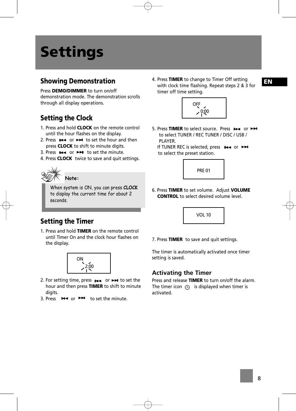 Settings, Showing demonstration, Setting the clock | Setting the timer | Technicolor - Thomson CS196 User Manual | Page 13 / 34