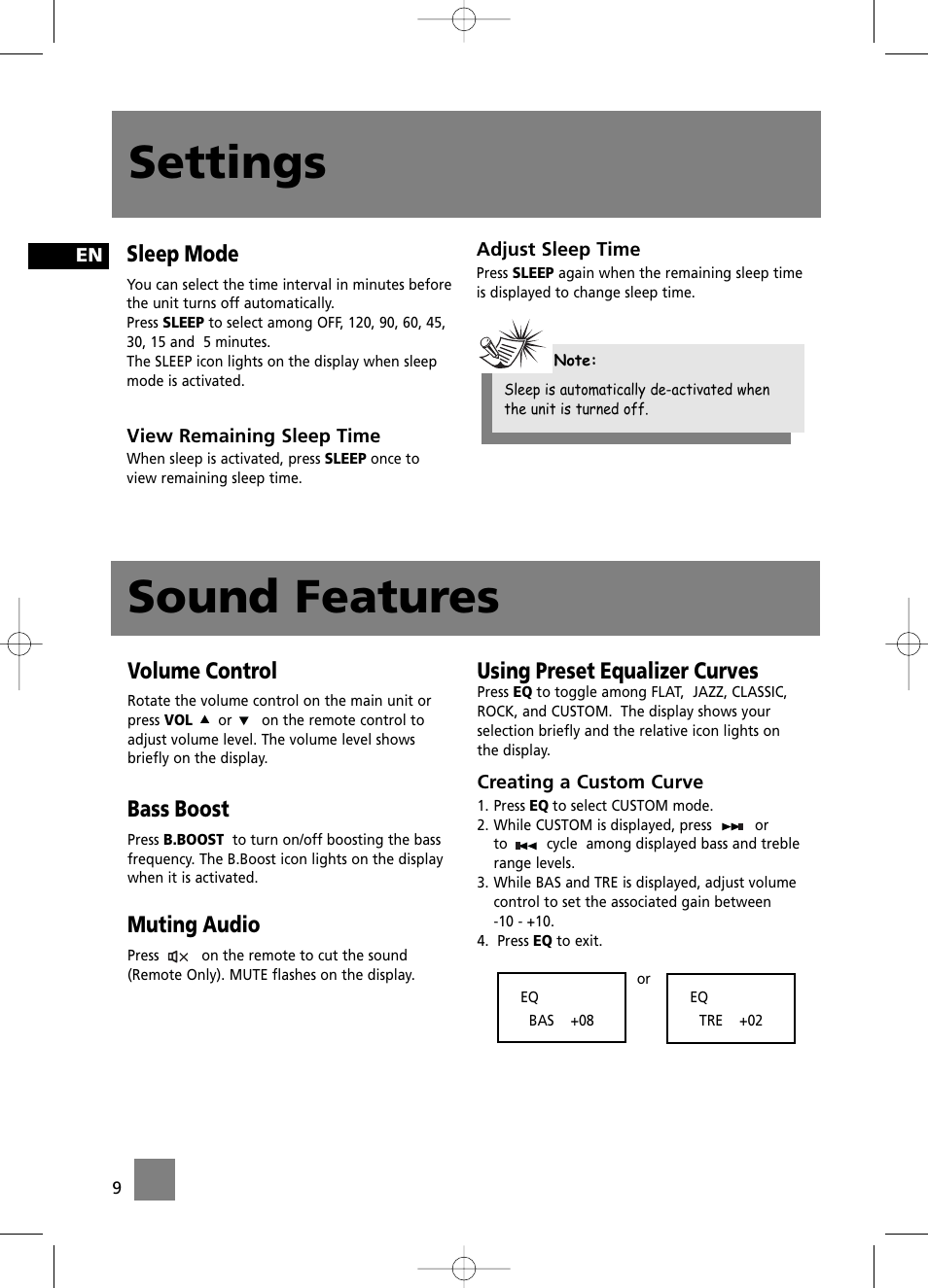 Settings, Sound features, Sleep mode | Volume control, Bass boost, Muting audio, Using preset equalizer curves | Technicolor - Thomson CS196 User Manual | Page 14 / 34