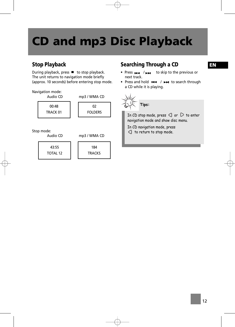 Cd and mp3 disc playback, Stop playback, Searching through a cd | Technicolor - Thomson CS196 User Manual | Page 17 / 34