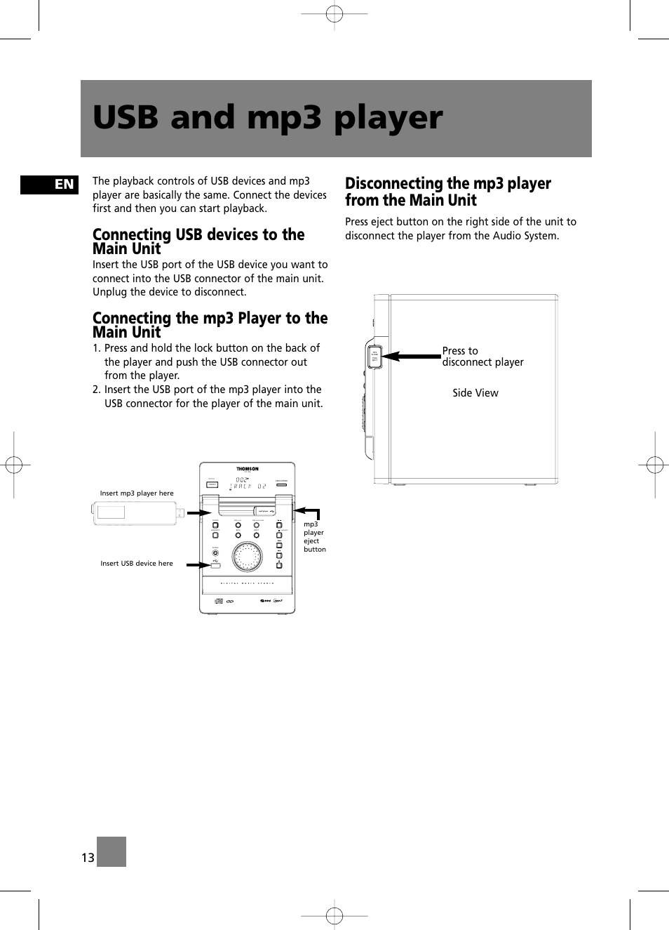 Usb and mp3 player, Connecting usb devices to the main unit, Connecting the mp3 player to the main unit | Disconnecting the mp3 player from the main unit | Technicolor - Thomson CS196 User Manual | Page 18 / 34