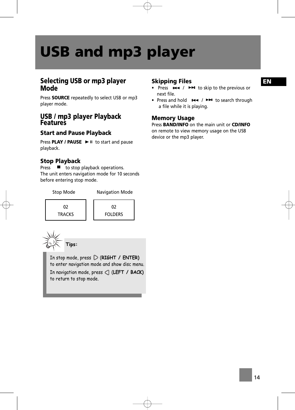 Usb and mp3 player, Selecting usb or mp3 player mode, Usb / mp3 player playback features | Technicolor - Thomson CS196 User Manual | Page 19 / 34