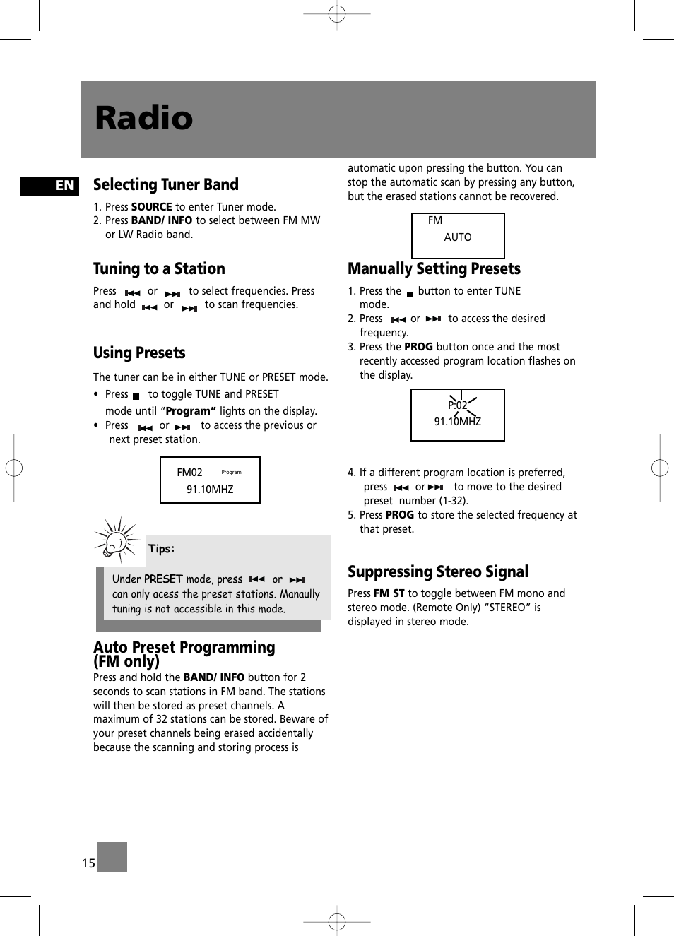 Radio, Selecting tuner band, Tuning to a station | Using presets, Auto preset programming (fm only), Manually setting presets, Suppressing stereo signal | Technicolor - Thomson CS196 User Manual | Page 20 / 34